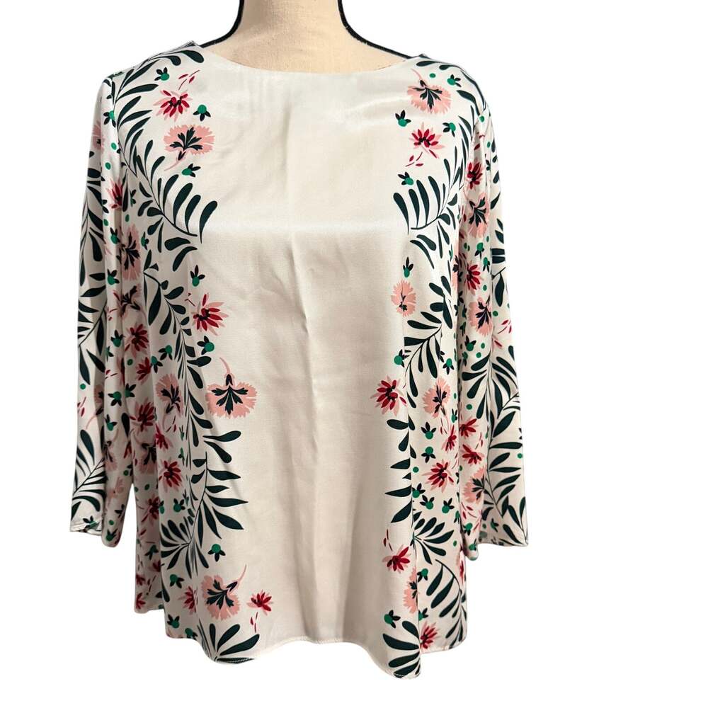 Boden Women's White Floral 3/4 Sleeve Larissa Top Sz 10 Romantic Festival Flowy